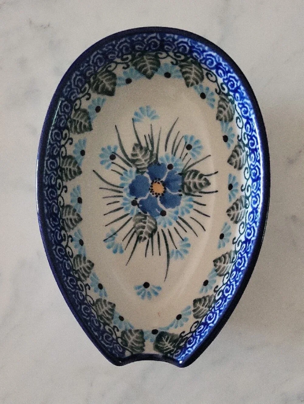 Hand-Painted Polish Pottery Forget Me Not Spoon Rest
